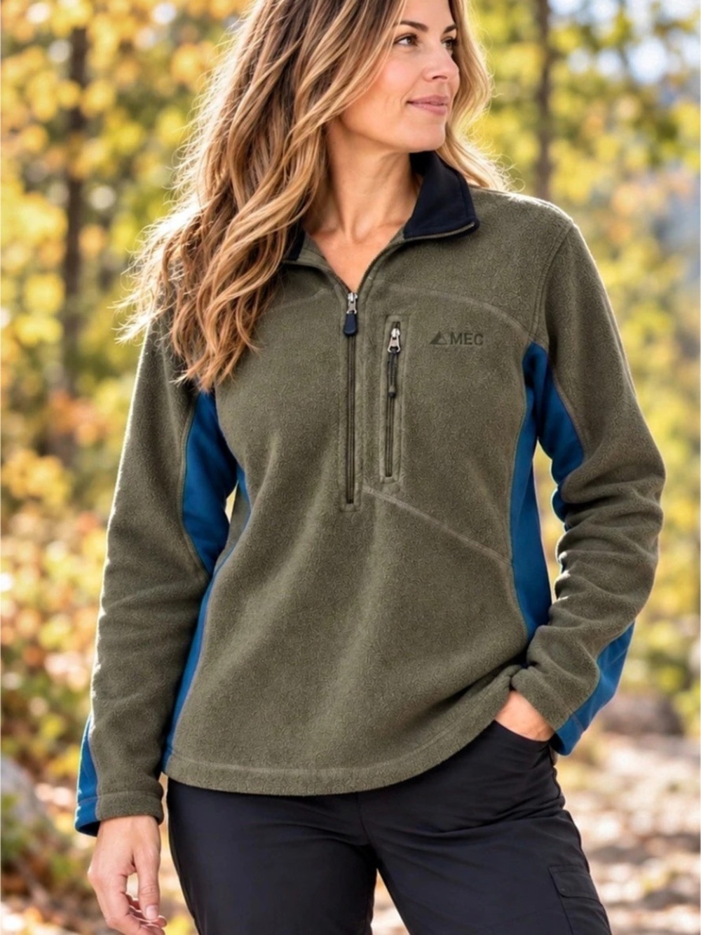 MEC Polartec Fleece Quarter Zip Pullover Olive Green Blue XL